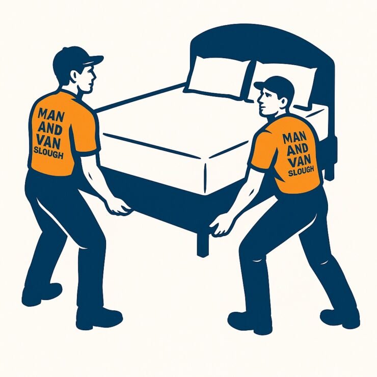 Two Man and Van Slough porters moving a double bed into a van — professional house removals and furniture transport service in Slough.