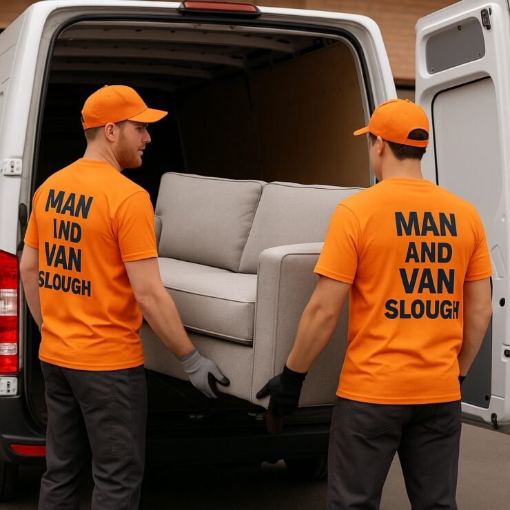 Two Man and Van Slough movers in bright orange shirts loading a sofa into their branded van — professional moving and furniture transport service in Slough.