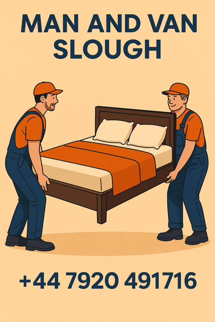 Two movers from Man and Van Slough carrying a double bed into a van, illustrated graphic with the company name at the top and phone number +44 7920 491716 at the bottom.