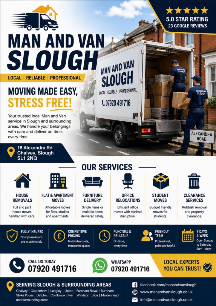 Man and Van Slough providing house removals, furniture moving, office relocations and same day moving services in Slough, Berkshire.